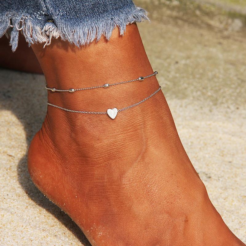 Two Layers Chain Heart Style Gold/Silver Color Anklets For Women Bracelets Summer Barefoot Sandals Jewelry On Foot Leg