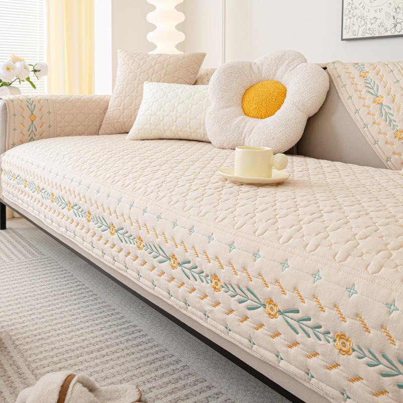 Nordic Anti Slip Sofa Mat  Flower Embroidery Water Washed Cotton Dustproof Couch Cover Solid Color Cushion Protective Sleeve