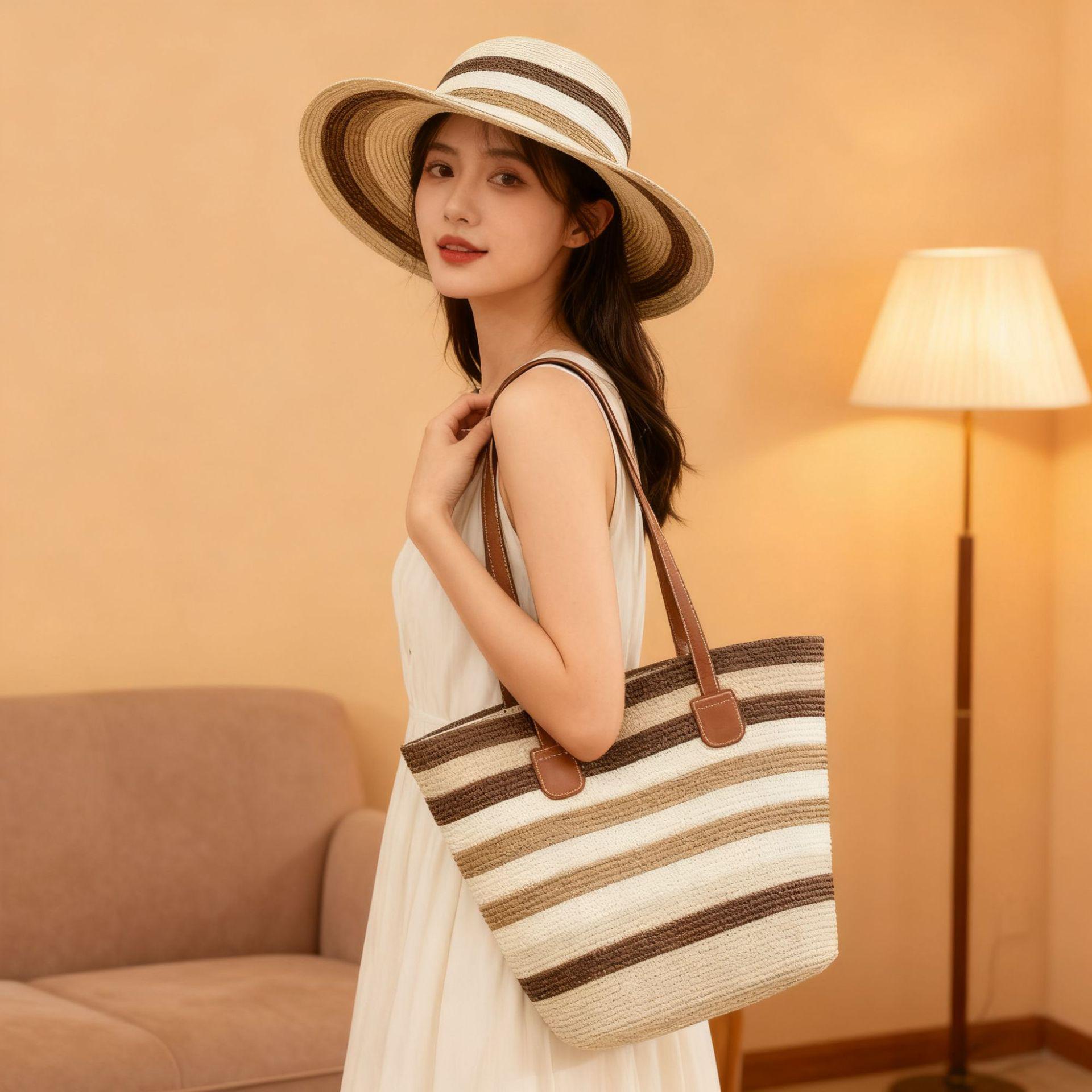 

Two-Piece Set: Straw Hat & Large Capacity Striped Beach Tote Bag Hat and Bag Set