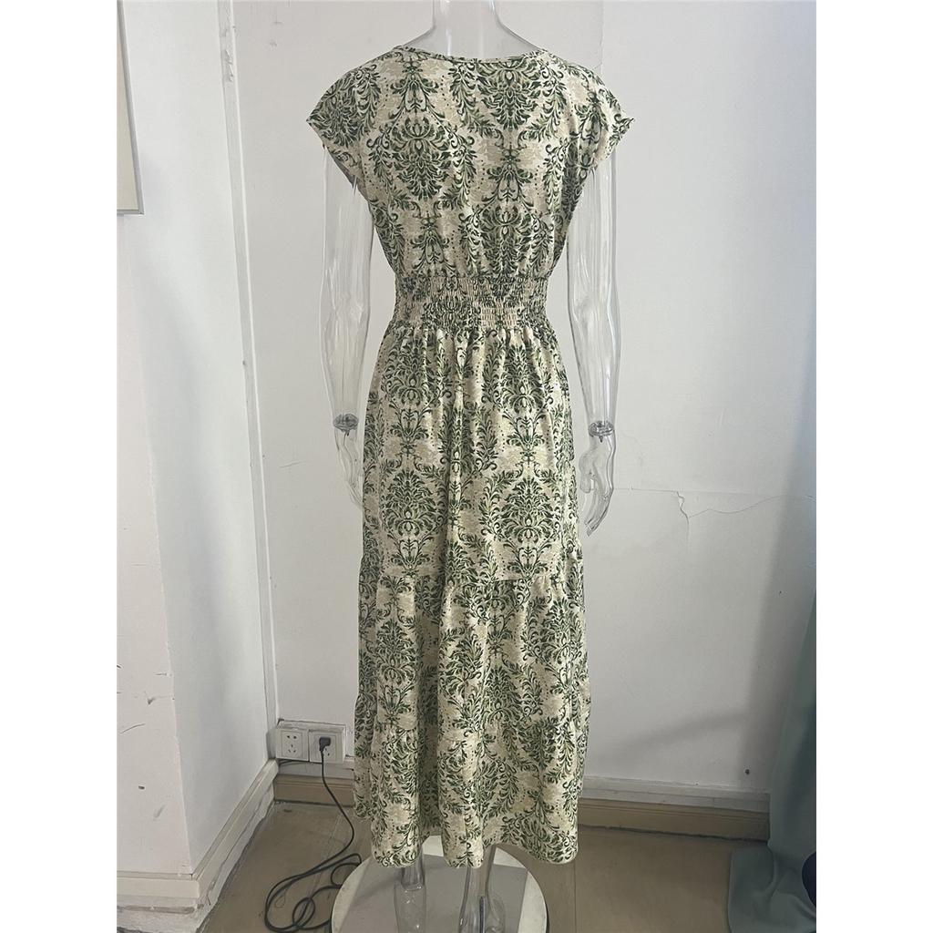 Women's short-sleeved V-neck retro printed dress Fashion elegant long dress