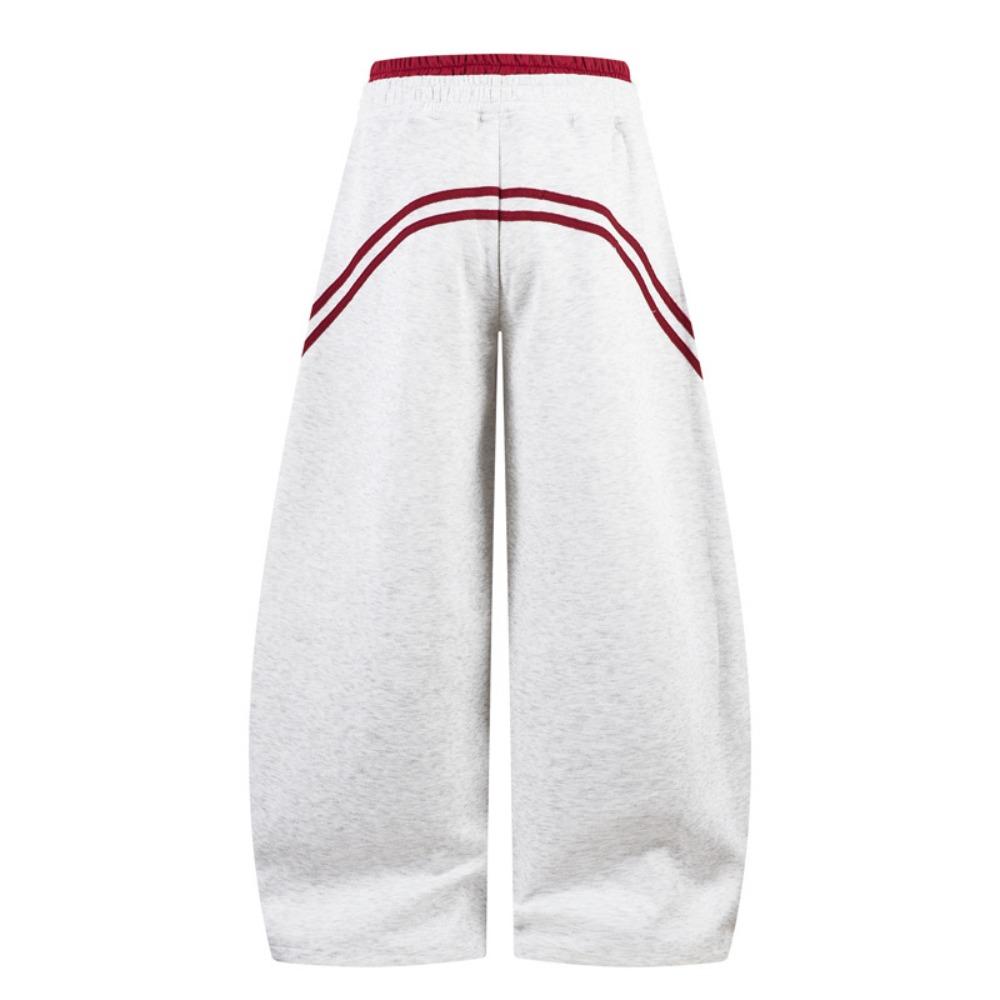 Dámské elastické vysokopásé barrel tepláky volné široké nohavice červený pruh kontrastní stahovací šňůrka pytlovité ležérní joggery na jaro Streetwear