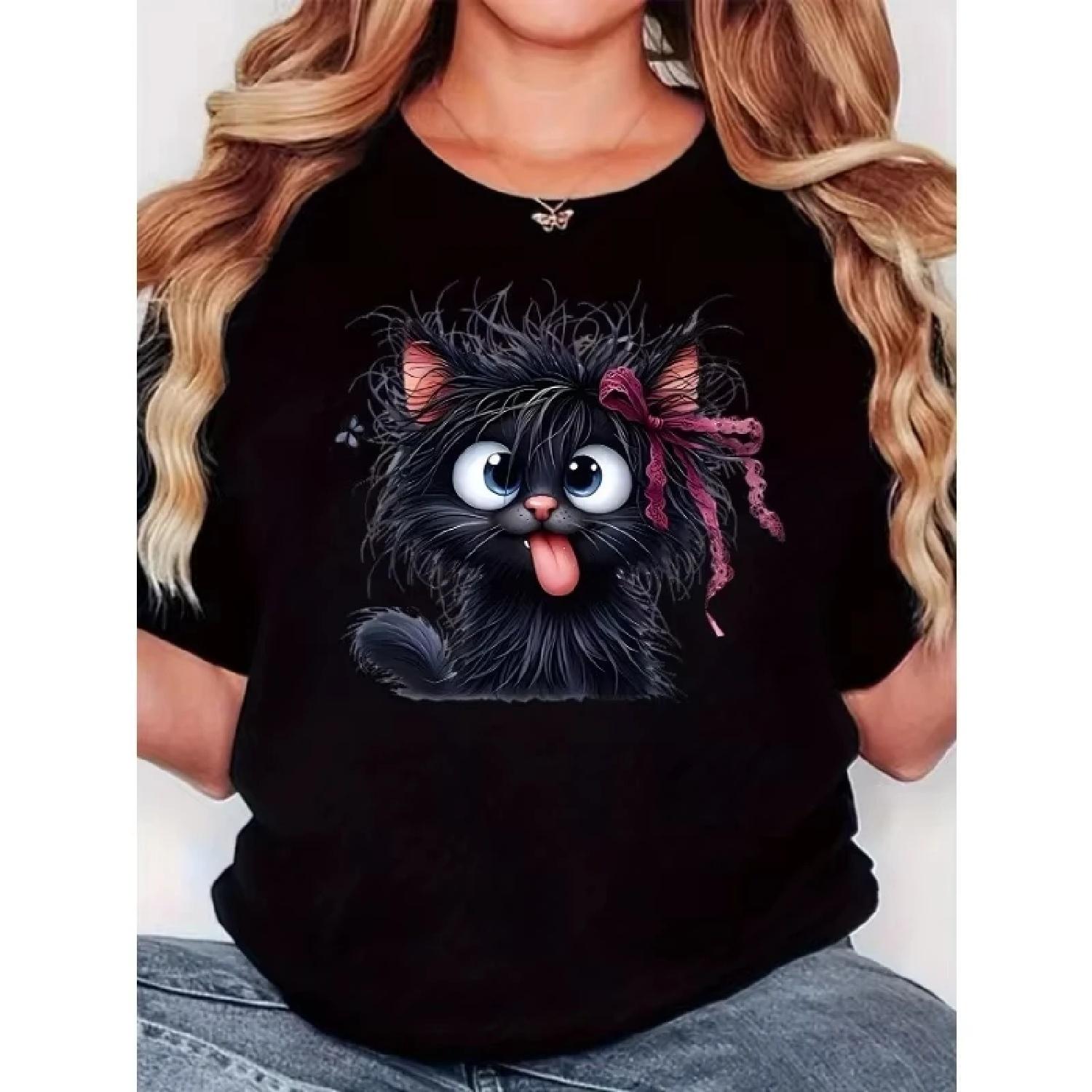 

Ladies Cute Kitten Pattern T-shirt Soft Summer Round Neck Top with Pink Accents and Emoticons Eyes Pet Enthusiasts Casual Style S чёрный