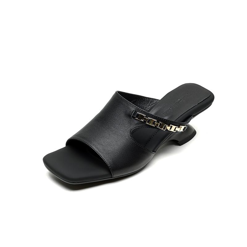 

Fashion NEW Summer Women Slippers Square Toe Strange Heel Shoes Genuine Leather Shoes for Women Soft Chain Women Sandals Modern Slippers 34 чёрный