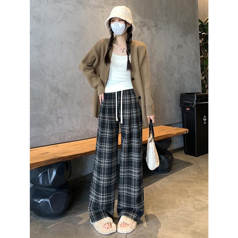 Coffee plaid woolen wide-leg pants women's new autumn clothing lazy and relaxed high waist thin straight-leg pants