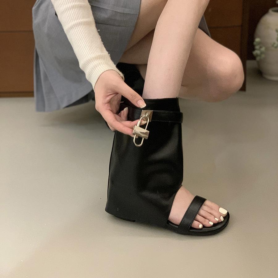 Thick Heel Black Internet Celebrity Hottie Open-toed Cool Boots Women's Shoes Summer Vacation Skirt High Heel Pants Short Boots