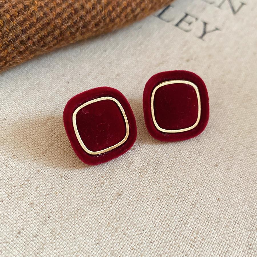 Retro Hong Kong Style Red Flocking Geometric Round Earrings Earrings Fashion Personality Temperament Earrings Women