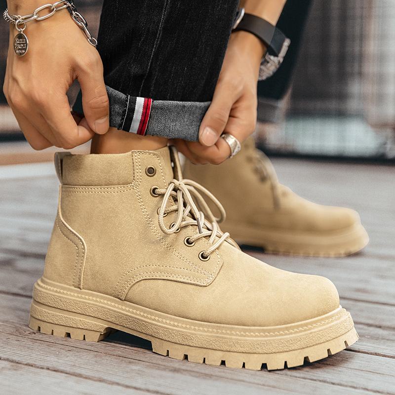 Klassische schwarze Herren-Motorradschuhe Herbst Winter Plateau Lederstiefel Mann Outdoor Schnür-Stiefeletten für Herren Botas Hombre