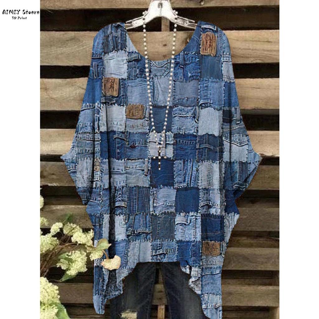 Imitation Denim All-Over Print T-Shirt | Casual Round Neck Short Sleeve Top with Frayed Hem Crisscross Back Detail Washable