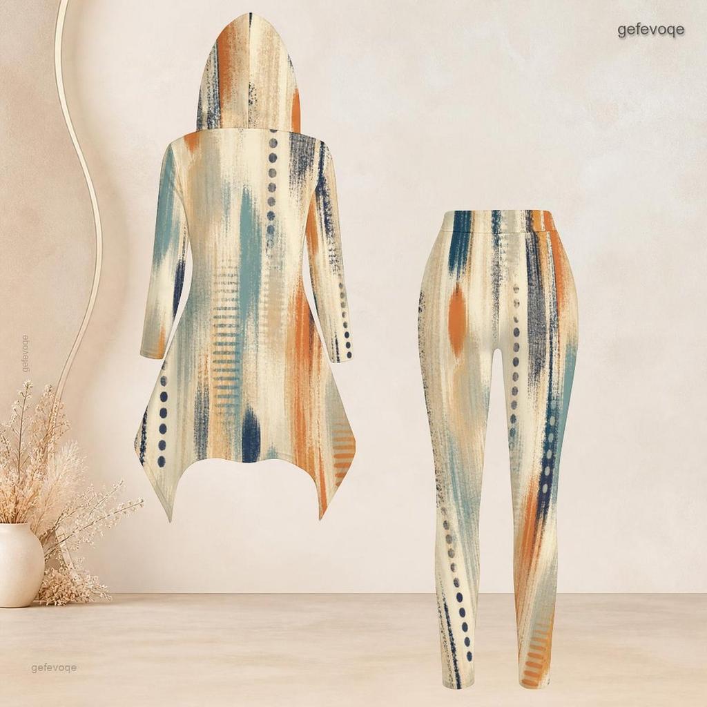 Women Plus Size Hooded Two Piece Set Long Sleeve High Low Printed Top And Fitted Pants