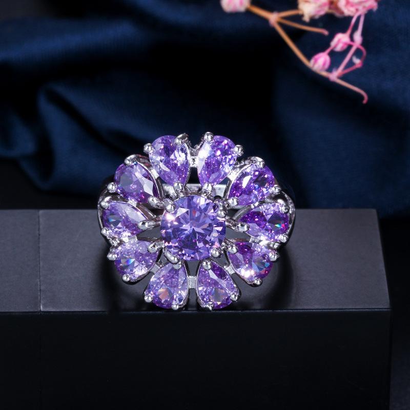 J0103 Atmospheric Exquisite Flower Women'S Hand Jewelry Aaa Zircon Ring Multi-Color Optional
