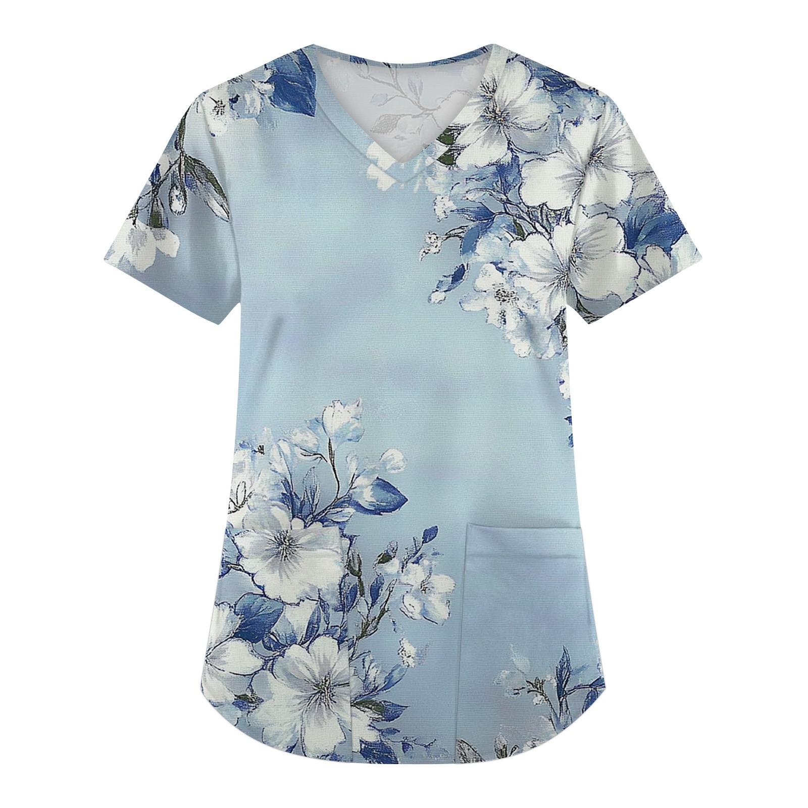 

Женская мода с коротким рукавом и V-образным вырезом с карманами и цветочным принтом Топы Одежда XL