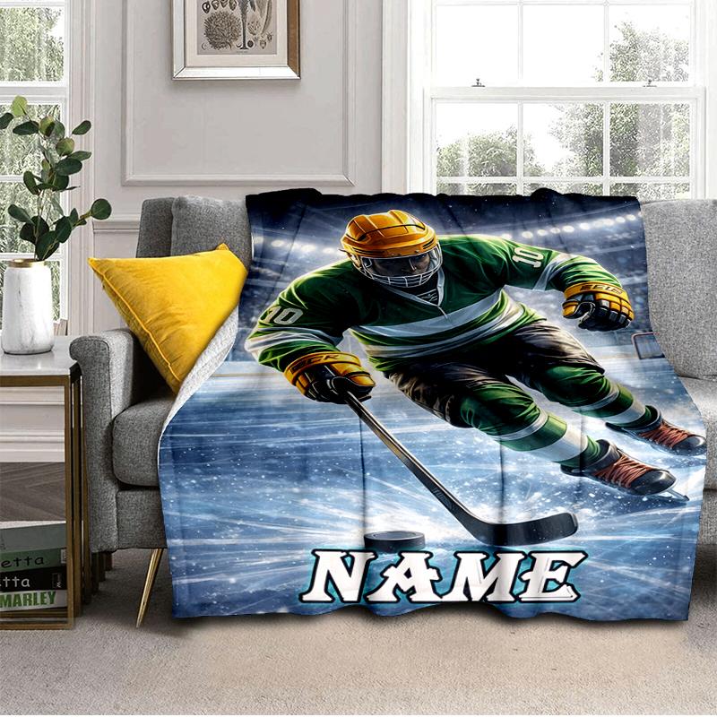 1PC Custom Name Hockey Player Action outdooor Flannel blankets Throw Blanket All-Season Throw Gift Bedspread for Couch, Bed, Camping Holiday Birthday 