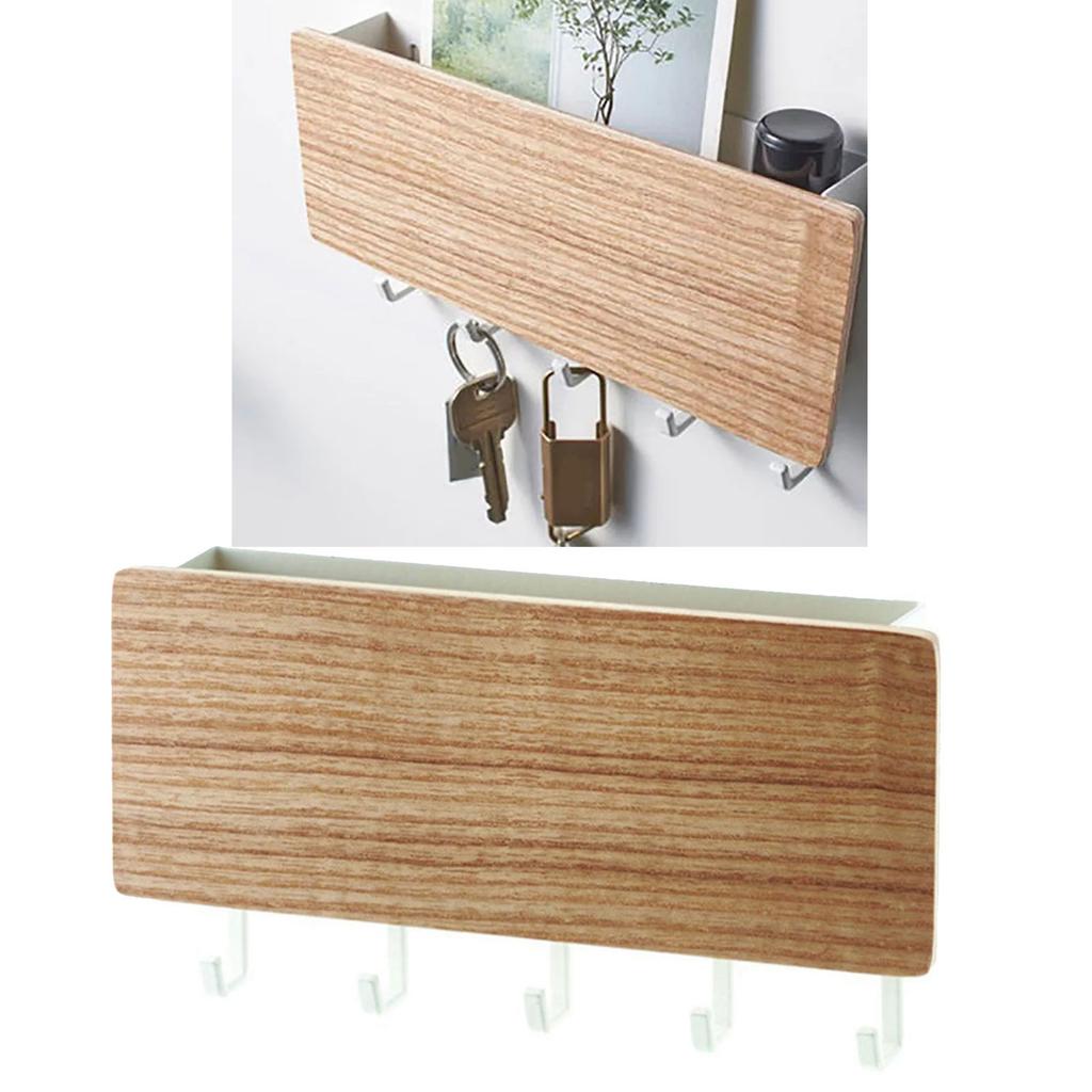 Japanischer Schlüsselhalter aus Holz zur Wandmontage mit 5 Haken, stanzfrei, multifunktionaler Schlüsselaufhänger für Zuhause