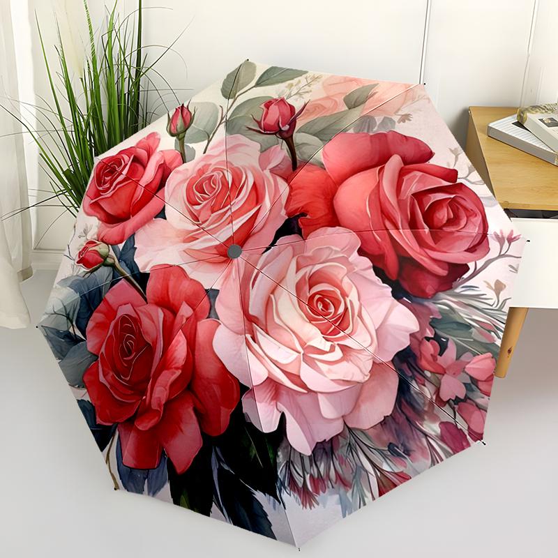 Rose Bright Flowers Automatic Umbrella, Compact Design with 8 Ribs,  Outdoor Leisure and Daily Use-ideal Gift