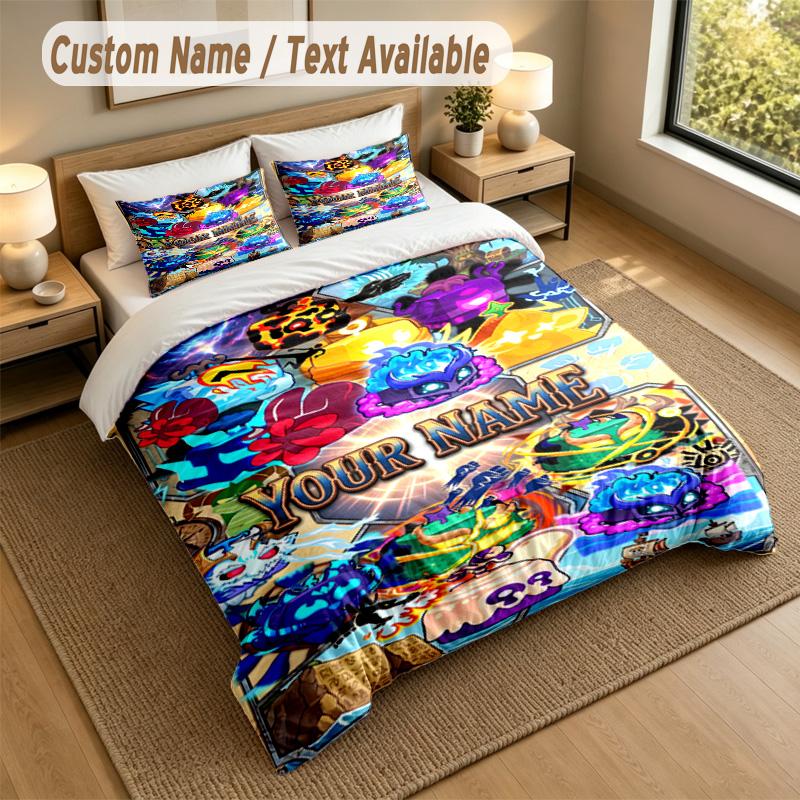 Custom Name Text Bedding 3Pcs Set,Blox Fruits 1 Duvet Cover 2 Pillowcases Soft Bed Linen For Gift