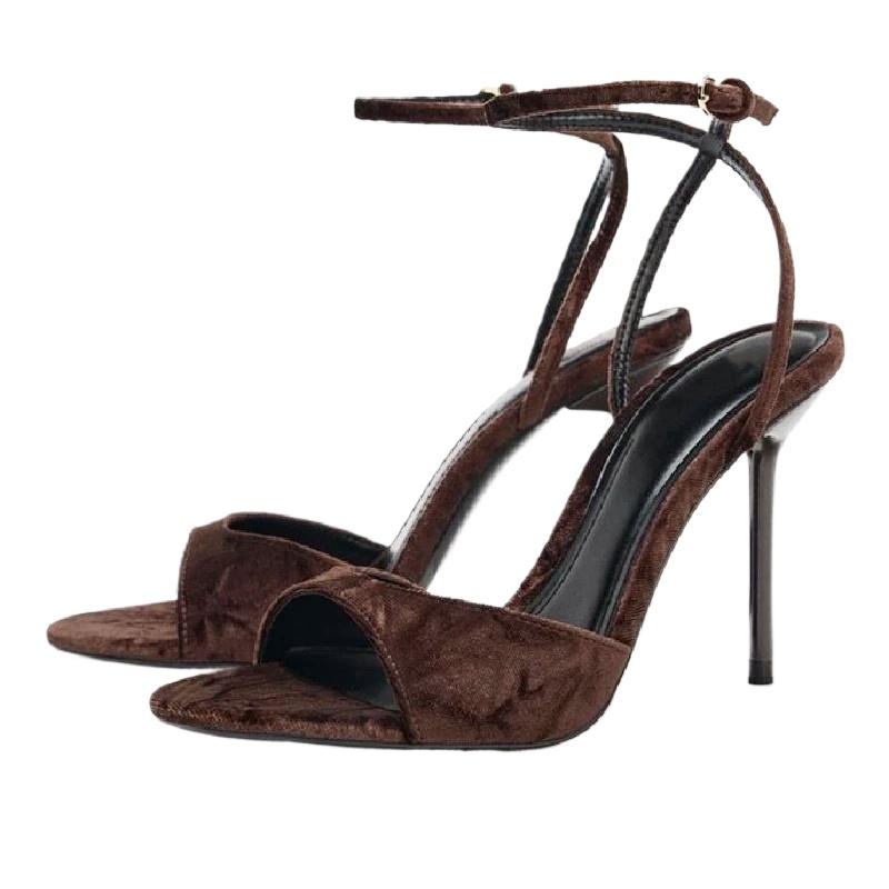 Retro Brown Velvet High-heeled Sandals for Women Sexy Open-toe Ankle Strap Buckle Heels Elegant Banquet Slingback Dress Shoes