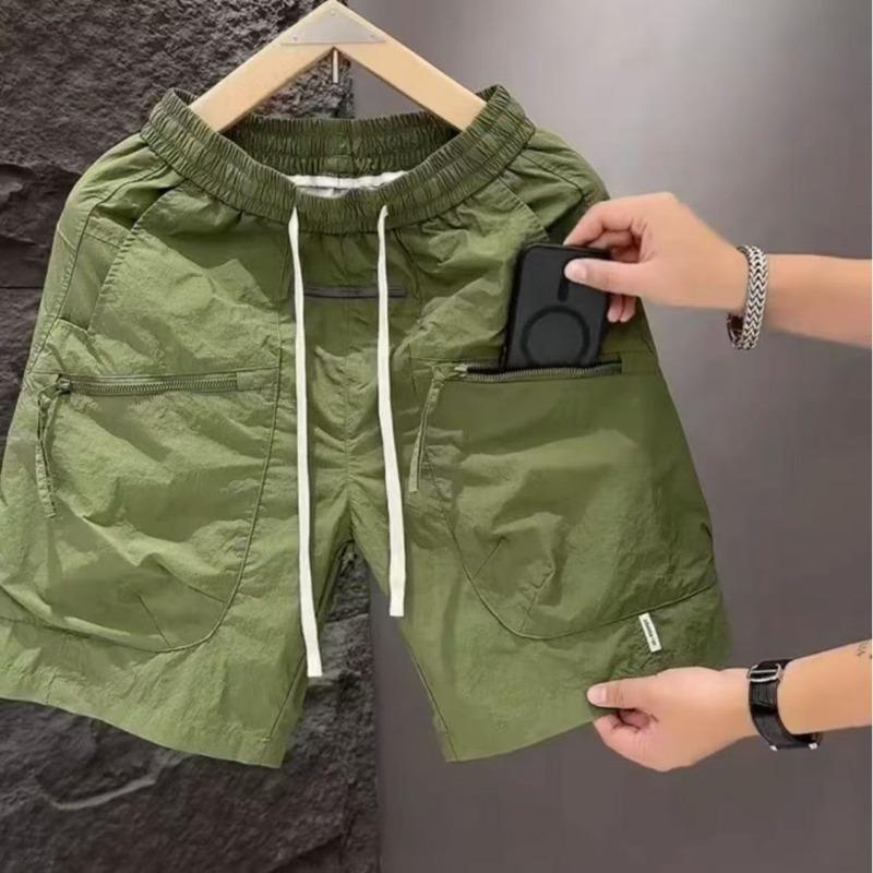Men Casual Cargo Shorts Elastic Waist Drawstring Zipper Pocket Solid Color Outdoor Quick Dry Shorts