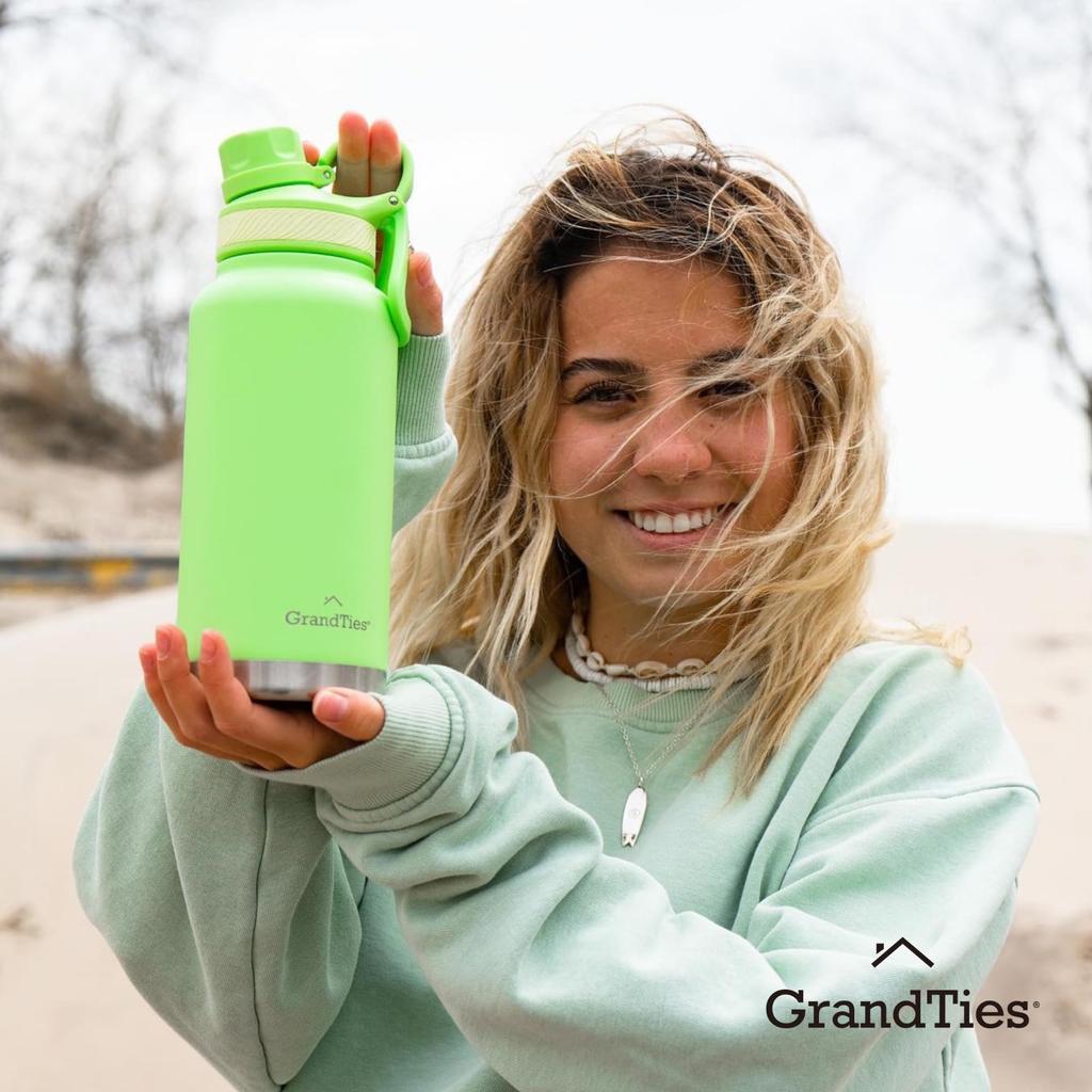 GRANDTIES Premium Vacuum Insulated Stainless Steel Wide Mouth Water Available In 9 Includes Two Lids Large Easy To Add Ice Bottle, 946ml, Colors, &