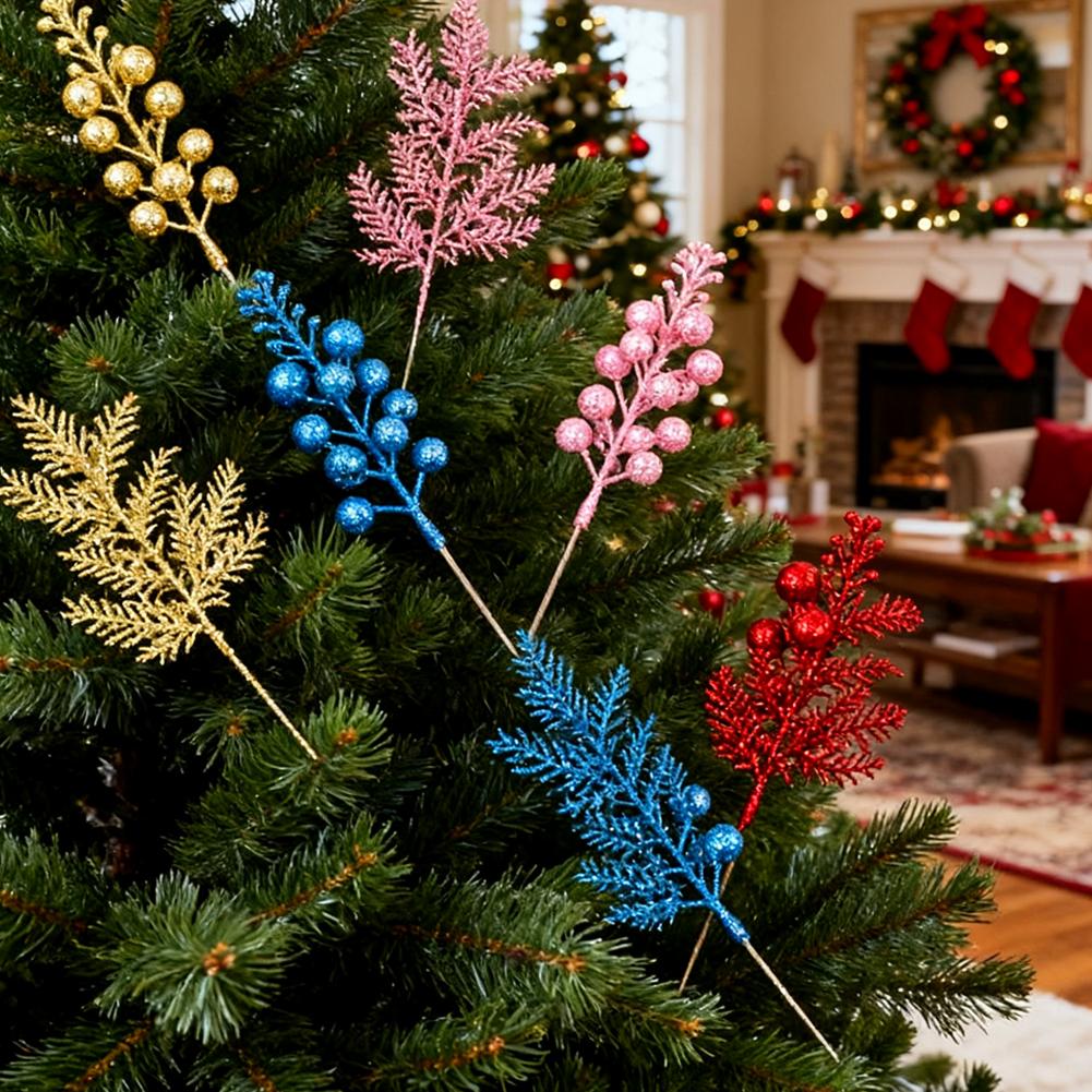 Christmas Decoration Glitter Berrie Artificial Foam Flower Bouquet Christmas Tree Ornaments Red Gold Silver Fake Berries Branch