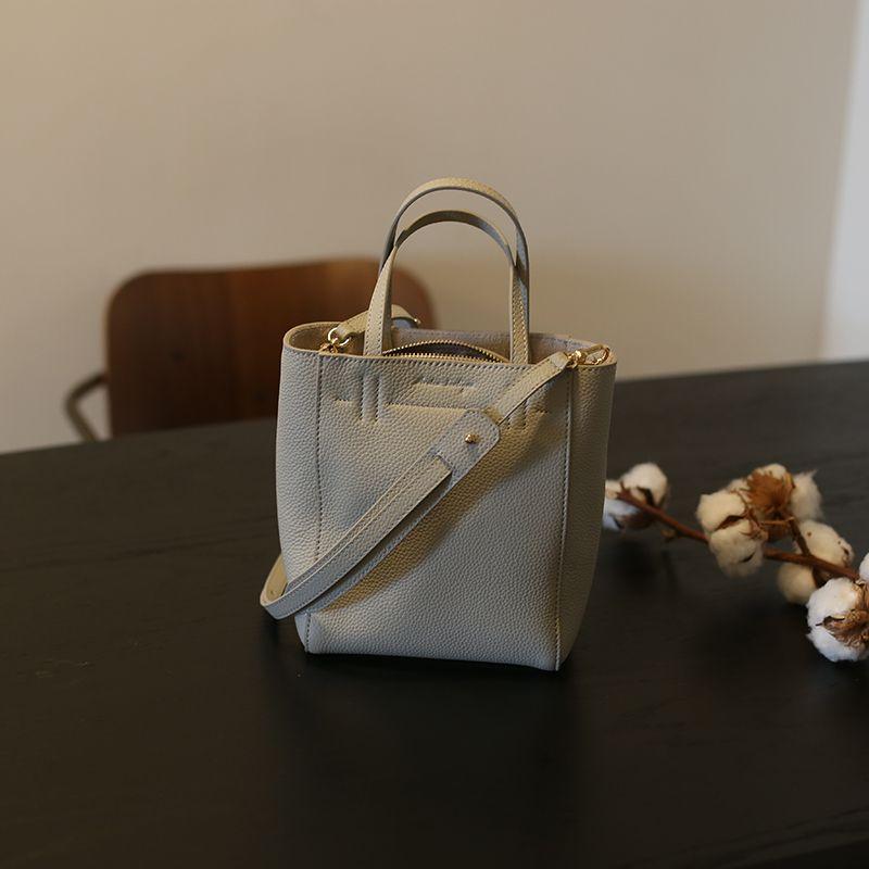 

Fall and Winter French Vertical Cowhide Leather Single-Shoulder Bag Crossbody Small Size Light gray
