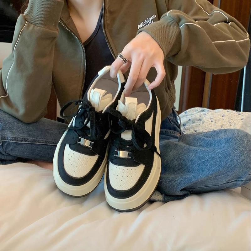 Cowhide~ Genuine Leather Little White Shoes Women's Round Head Color Matching Muffin Thick Sole Height Increase Casual Sports Shoes Versatile Lace-u