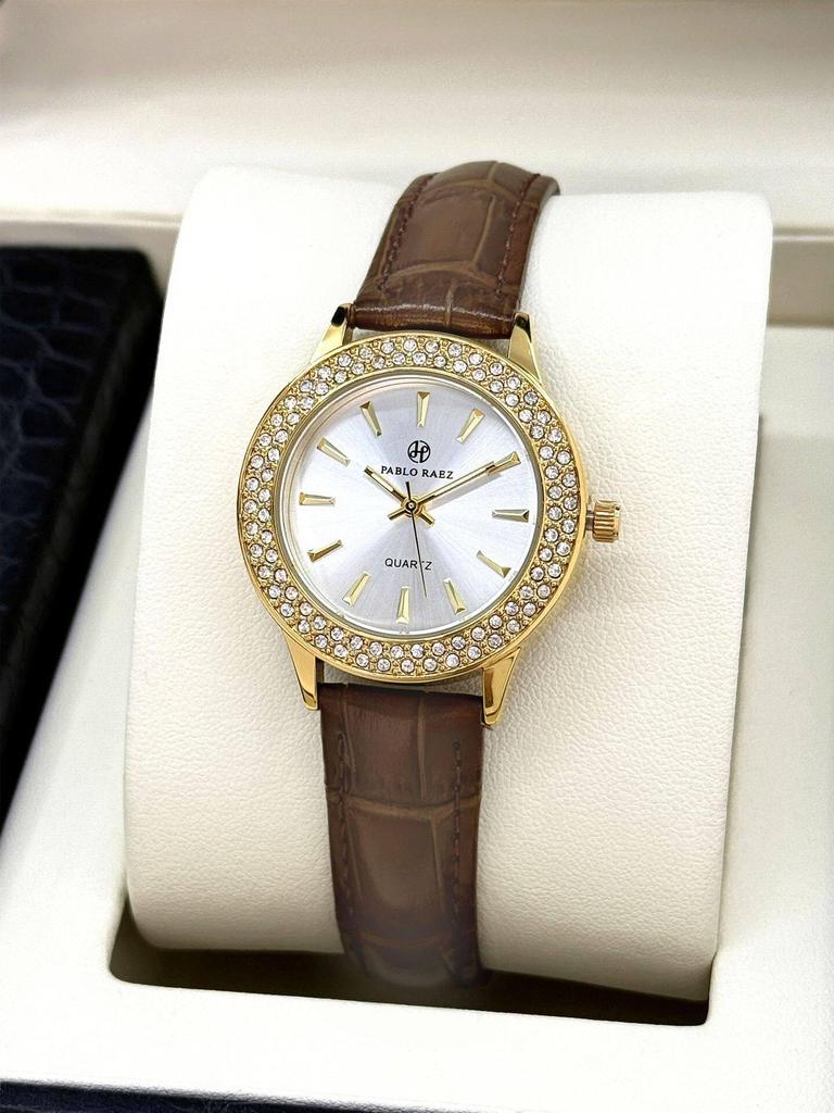 Pablo Raez Women's Quartz Rhinestone Watch with Leather Strap - Trendy & Versatile Gift