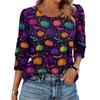 Women's Fashionable Casual Round Neck Seven Quarter Sleeve Halloween Printed Bubble Sleeve Top
