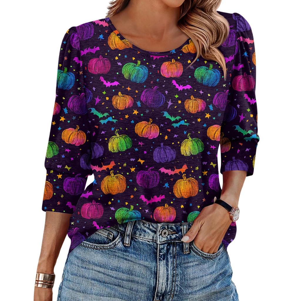 Women's Fashionable Casual Round Neck Seven Quarter Sleeve Halloween Printed Bubble Sleeve Top