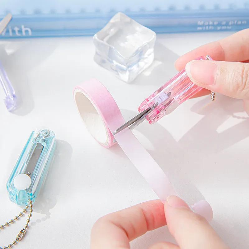 Mini Scissors Small Transparent Candy Color Fold Telescopic Stationery Scissors with Pendant Safety Scrapbook Scissors Student