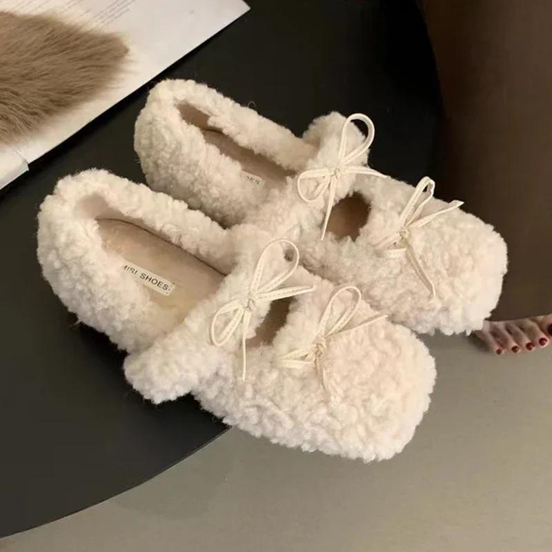 

Меховые женские мокасины с квадратным носком и бантом, теплые туфли на плоской подошве, женские модные дизайнерские плюшевые зимние ботинки 2024 года, повседневные зимние туфли на танкетке Zapatos Mujer 40 бежевый