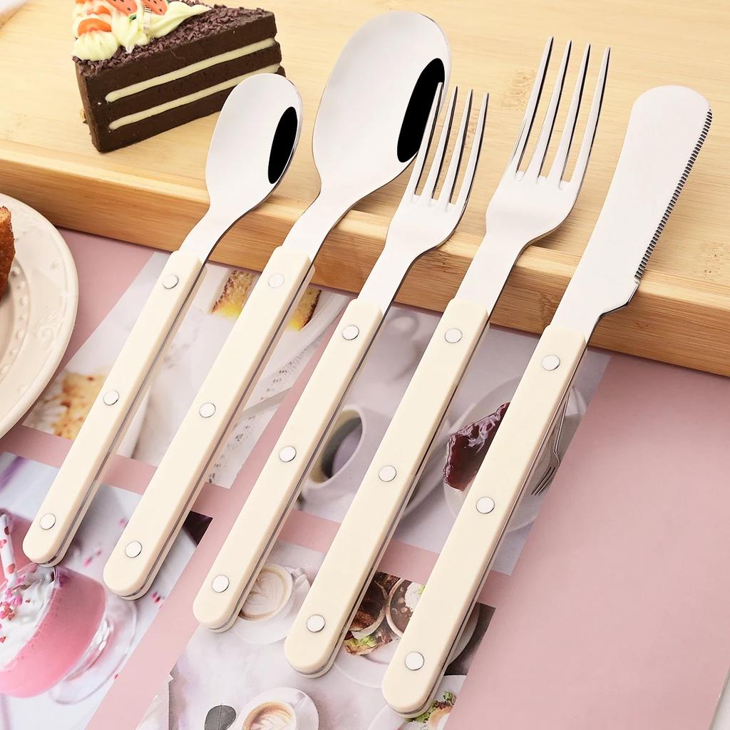 4/5Pcs Acrylic Beige Handle Dinnerware Set Knife Fork Spoon Tableware Dessert Fork Spoon Flatware Stainless Steels Cutlery Set