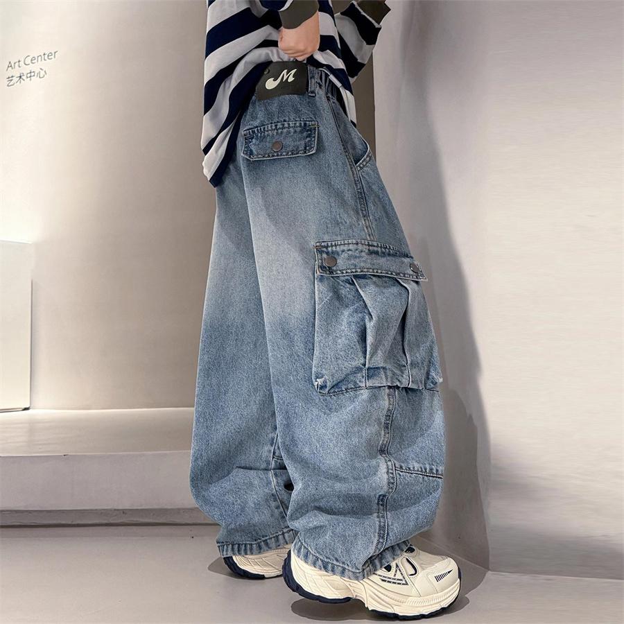 Jeans Cargo Larghi da Lavoro Pesanti di Alta Qualità per Ragazzi Adolescenti Vestibilità Larga Tasche Pantaloni in Denim Bambini Pre-adolescenti Moda Jeans Pantaloni