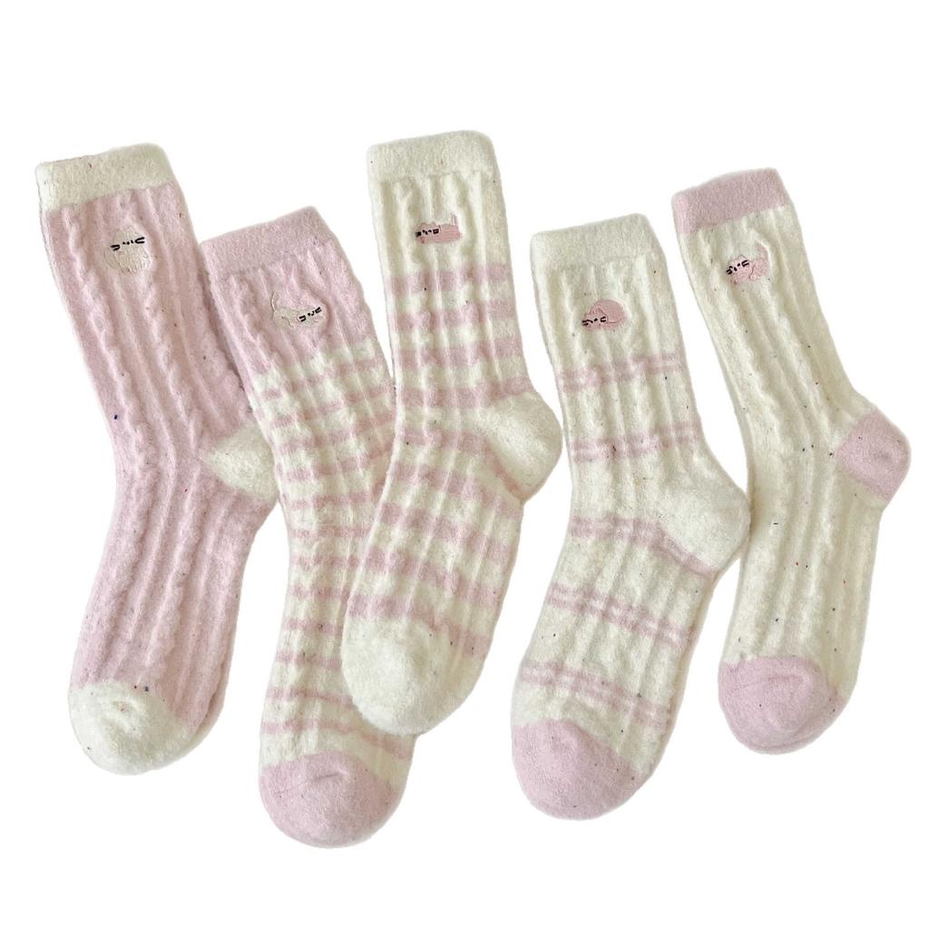 Season Pink Plush Socks Love Embroidery Cat Australian Plush Socks Plush Thickened Warm Sleep Socks