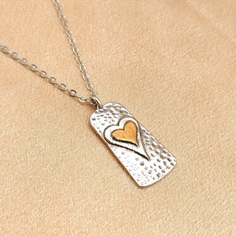 Double Heart Geometric Rectangle Pendant Necklace Vintage Jewelry Gifts