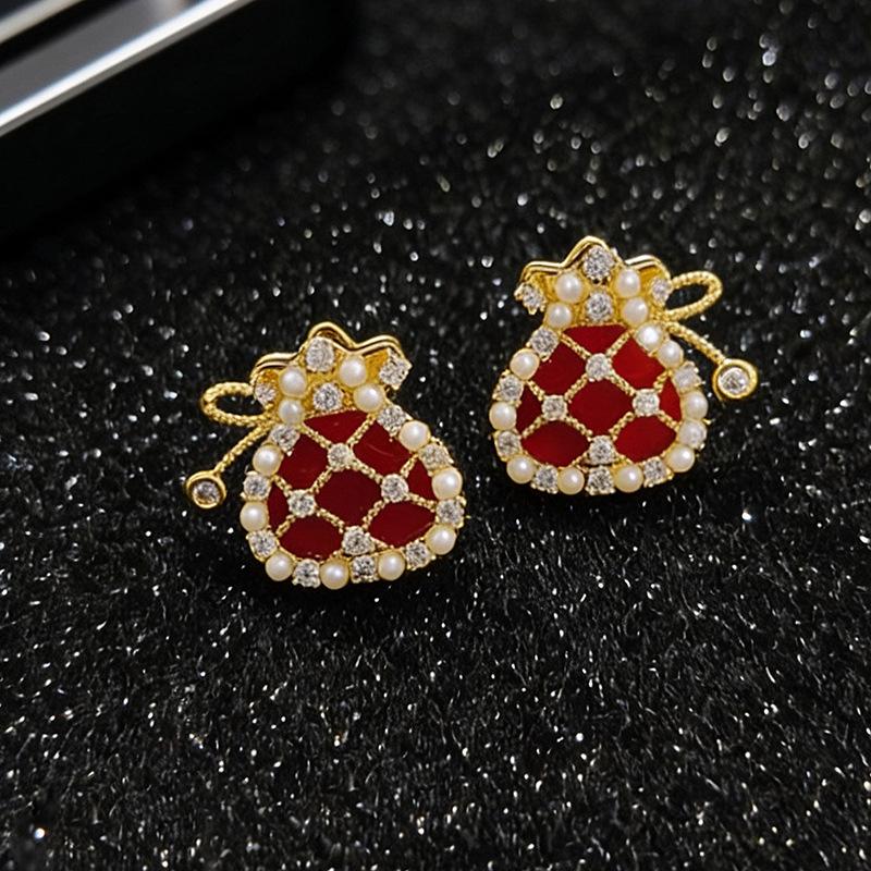 Zircon lucky bag pearl stud earrings daily versatile earrings light luxury earrings