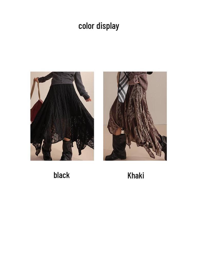 Octagonal Knit Lace Skirt with Elastic Waistband and Irregular Hem - Spring/Autumn 