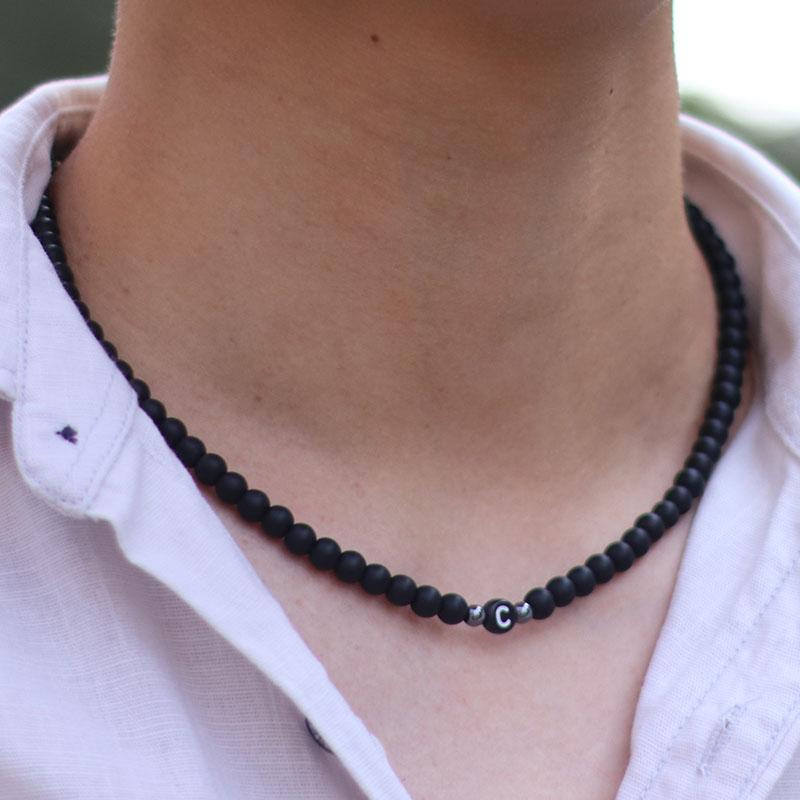 

New Men Initial Necklace 6mm Onyx Natural Stone Collar Hiphop Rock Choker Collier Neck Accessories First Name Colar Erkek Kolye A