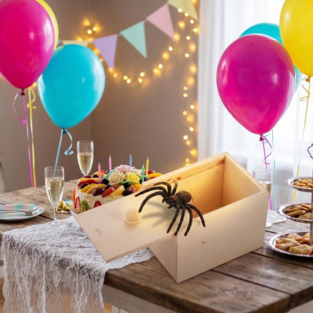 Wooden Surprise Box with Removable Lid and Realistic Spider for Practical Joke and Novelty Entertainment Use