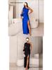 New Women's One-Shoulder Raglan Sleeve Pleated Waist Slit Sexy Long Dress