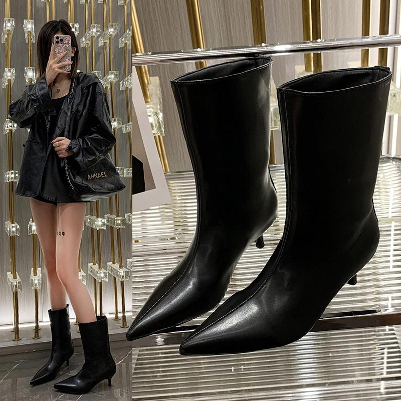 Pointed Sexy Women Ankle Boots Elegant Low Heels Autumn New Leather Shoes 2024 Trend New Rock Goth Designer Winter Botas Mujer