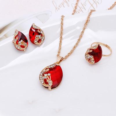 1set/54pcs (Necklace + Earrings + Ring) Peacock Crystal Korean Version Jewelry, Necklace, Water Drop Gemstone Hollow Three-piece Set