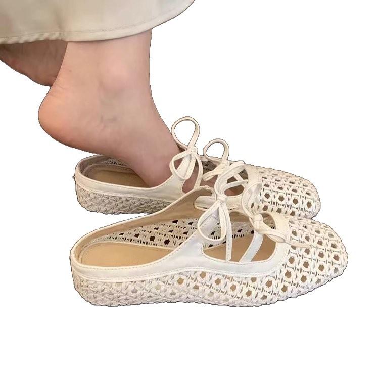 Inner heightening bag head half slippers women's summer outer wear new French woven hollow sandals bow Mary Jane single shoes