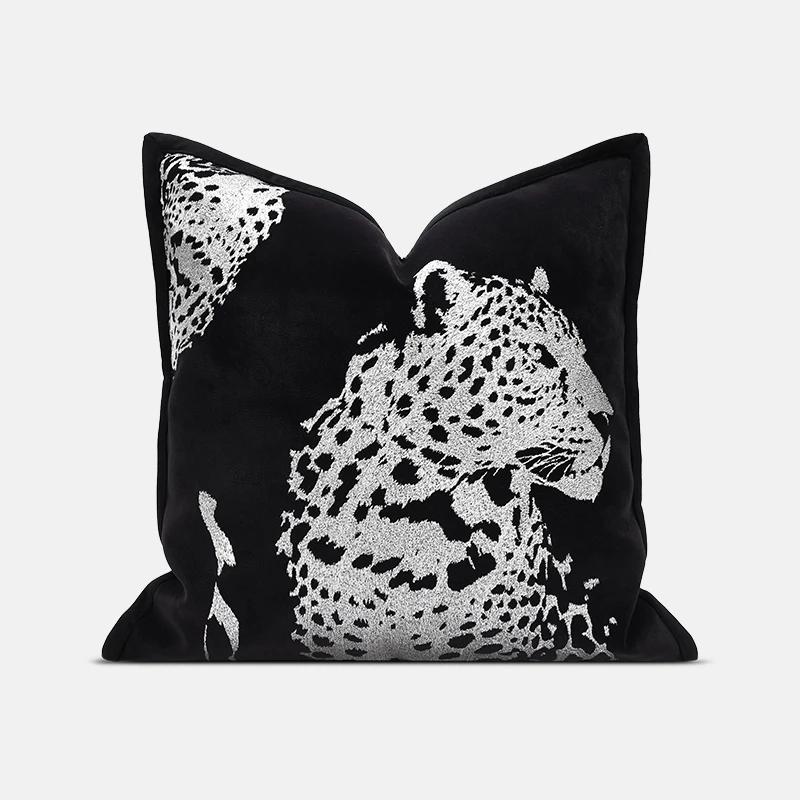 Kissen Zuhause Kissen Luxus Schwarz Samt Silber Leopard Stickerei Kissenbezug 18x18 Zoll Kissenbezug Modern Sofa Bett Coussin