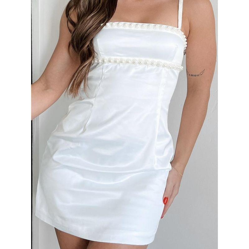 Export Single Lady Pure Desire Heavy Industry Pearl Decorative Sling Square Collar Elegant Elegance Beautiful Fashion Short Dress