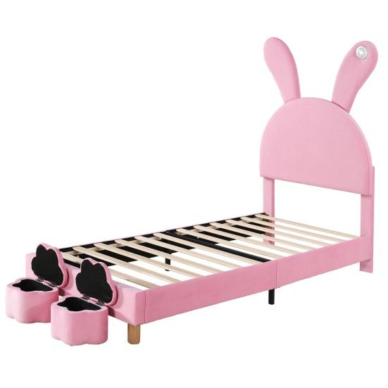 Polsterbett 90x200, mit zwei Stauraumhockern, LED-Nachttischleuchte, Ausklappbare Hasenohren, Ohne Matratze, Jugendbett, Lattenrost, Höhenverstellbar
