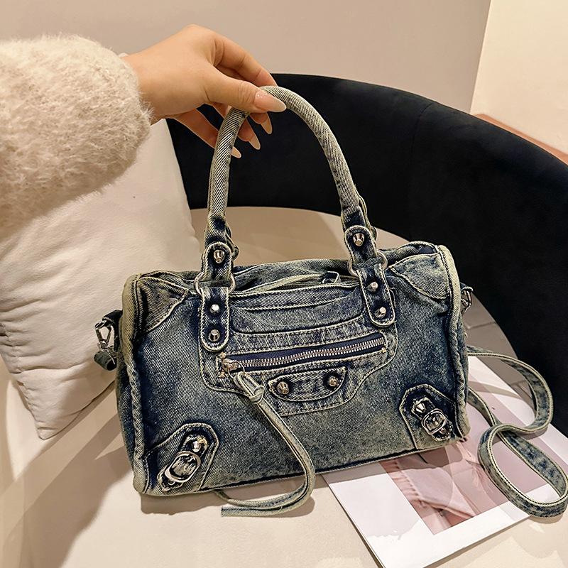 High-End Niet Motorradtasche, Lässige Umhängetasche, Retro Gewaschene und Gealterte Denim Handtasche