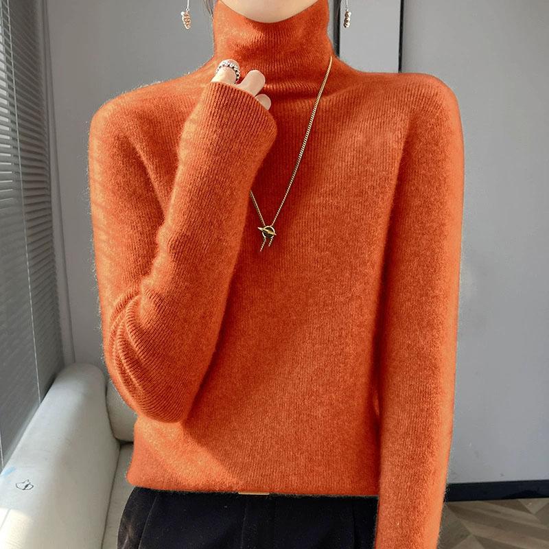 Womens Turtleneck Knitted Sweater Long Sleeved Slim Fit Elastic Ribbed Jumper Female Autumn Winter Basic Sweaters and Pullover