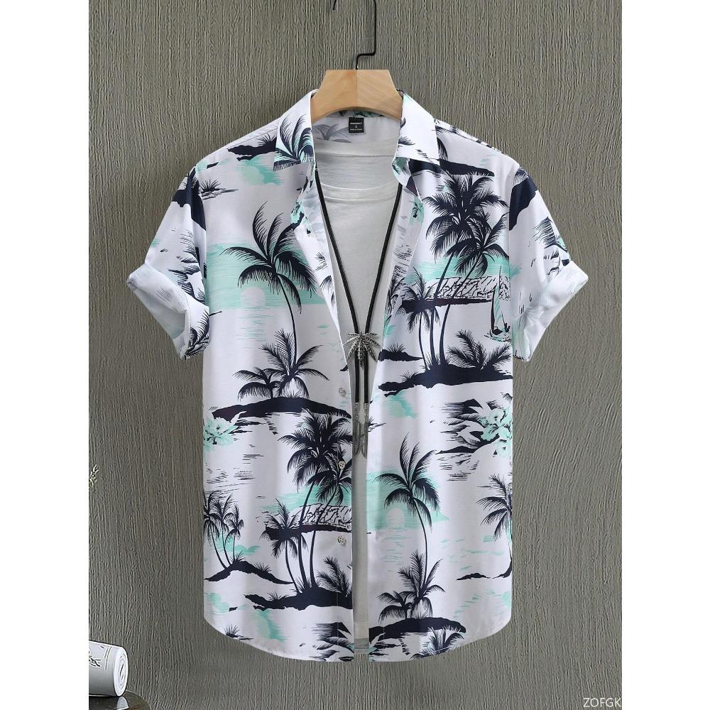 Hawaiian Style Fresh Coconut Print Men's Short-sleeved Fashion Shirt Men's Summer Outdoor Vacation Fashion Short-sleeved Shirt