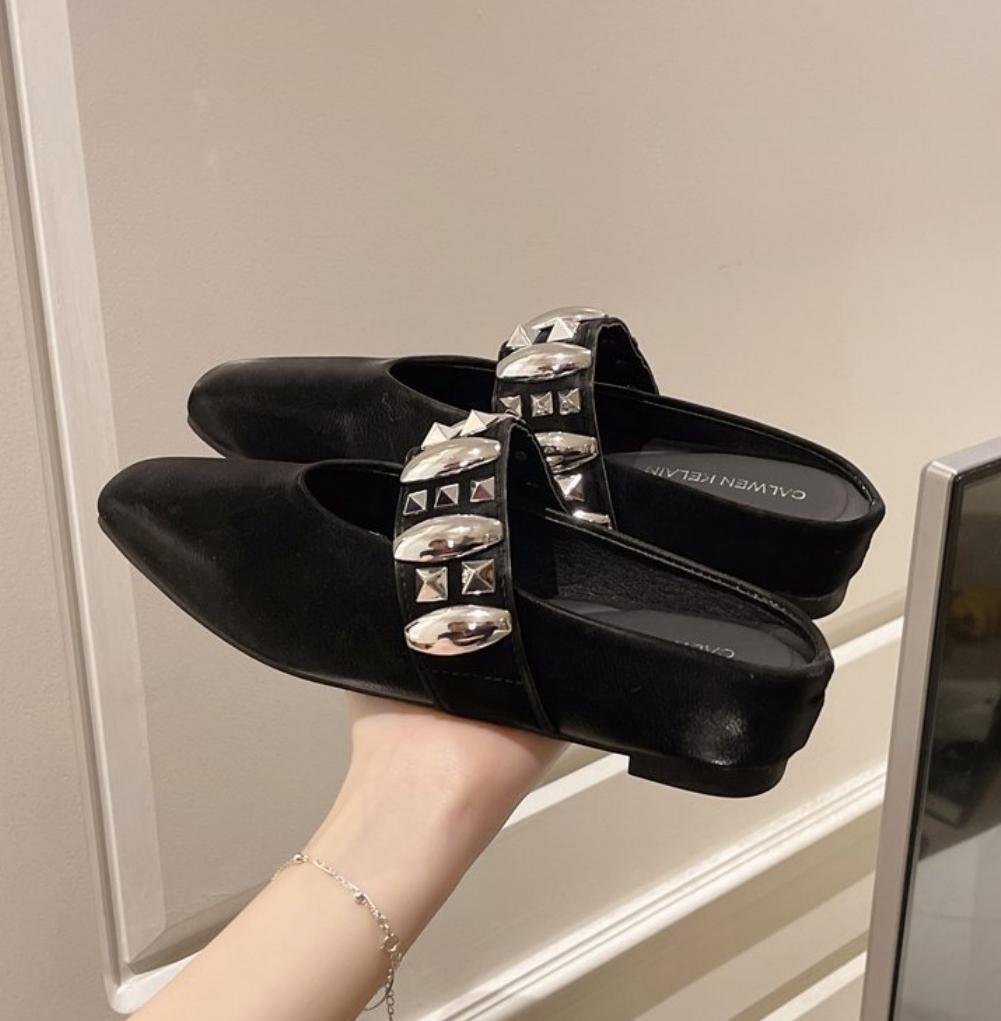 Spring Summer New Square Head Slippers Metal Buckle Thick Bottom Women Slip on Mules Shoes Fashion Korean Versatile Dress Slides