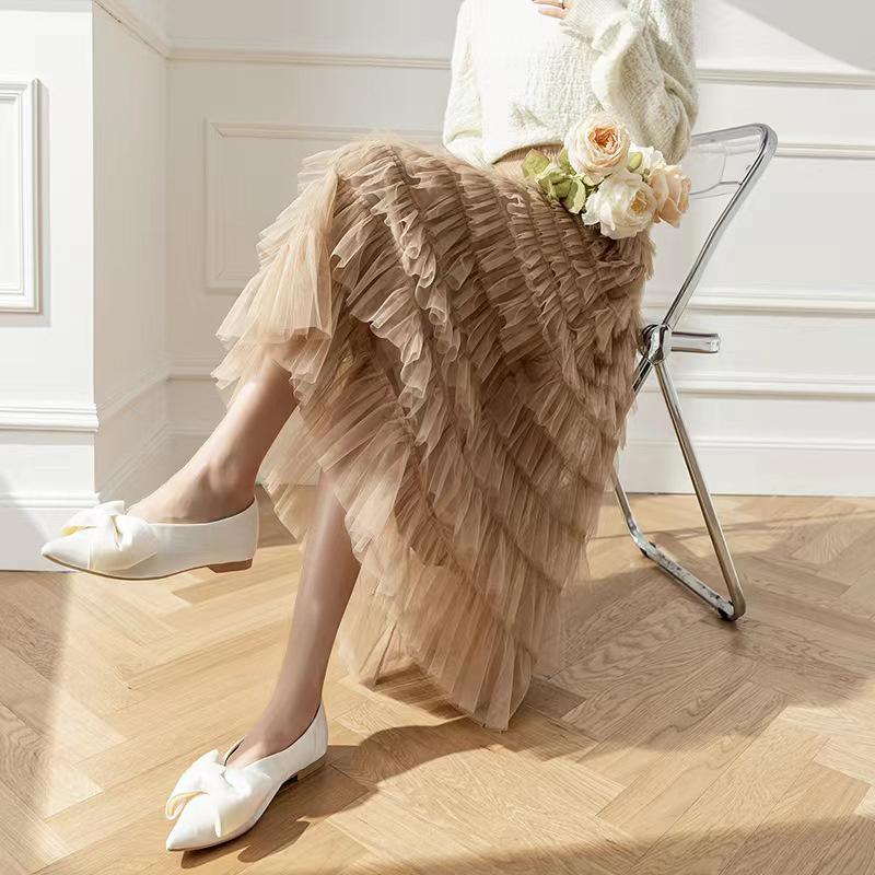 Pink skirt women's summer big pendulum mesh umbrella skirt vertical feeling medium and long A word women's vertical feeling long skirt high sense